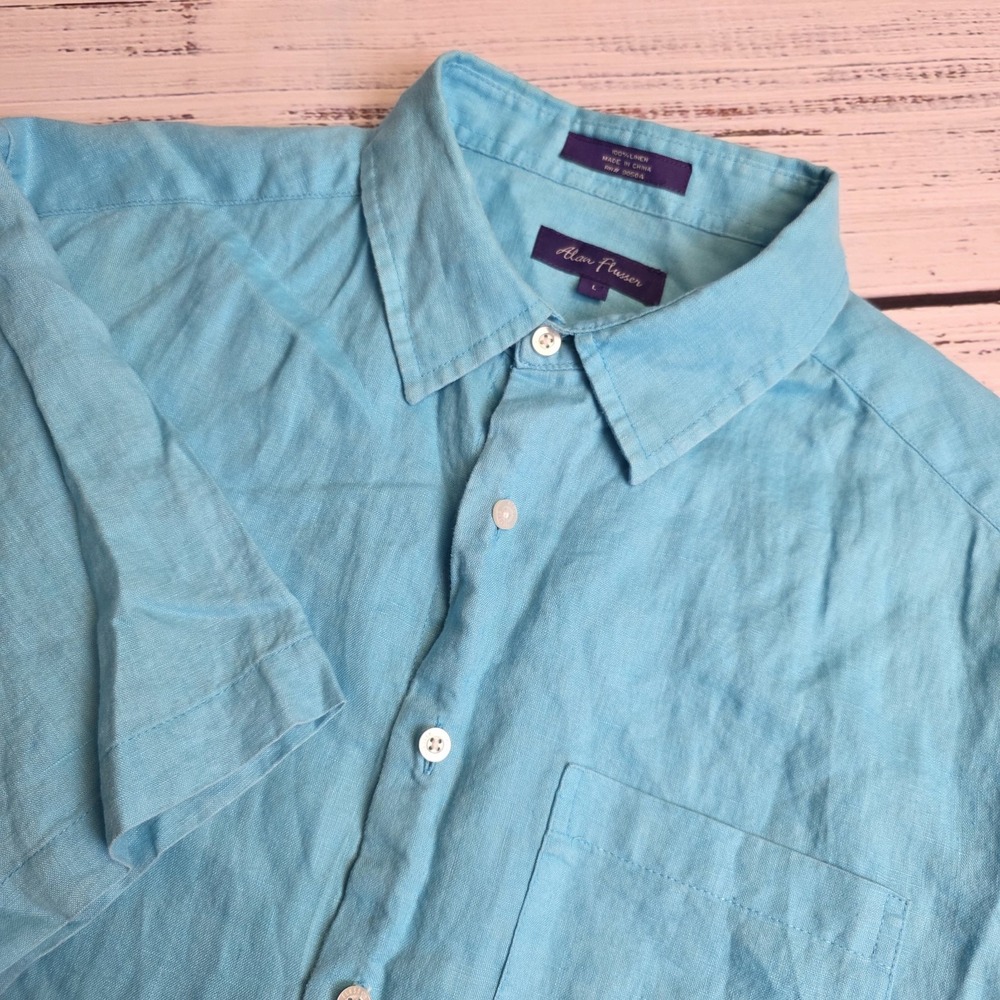 Alan Flusser Large Short Sleeve Linen Button Up Shirt Bright Blue Beach‎ Light